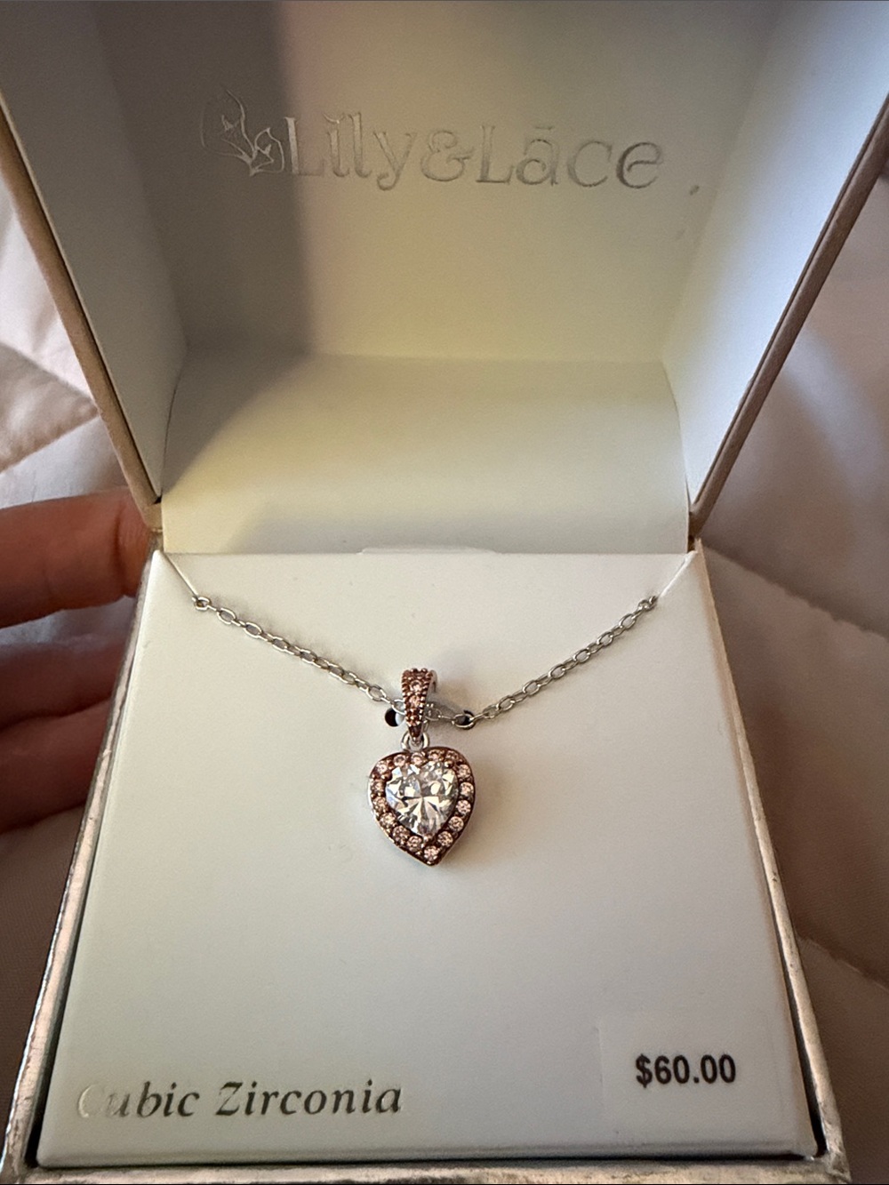 Rose Gold Heart Pendant Necklace with Pink Stones